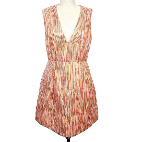 Alice + Olivia Dress 8 Orange Red Metallic Gold Shimmer Deep‎ V Fit Flare Mini - Picture 1 of 13